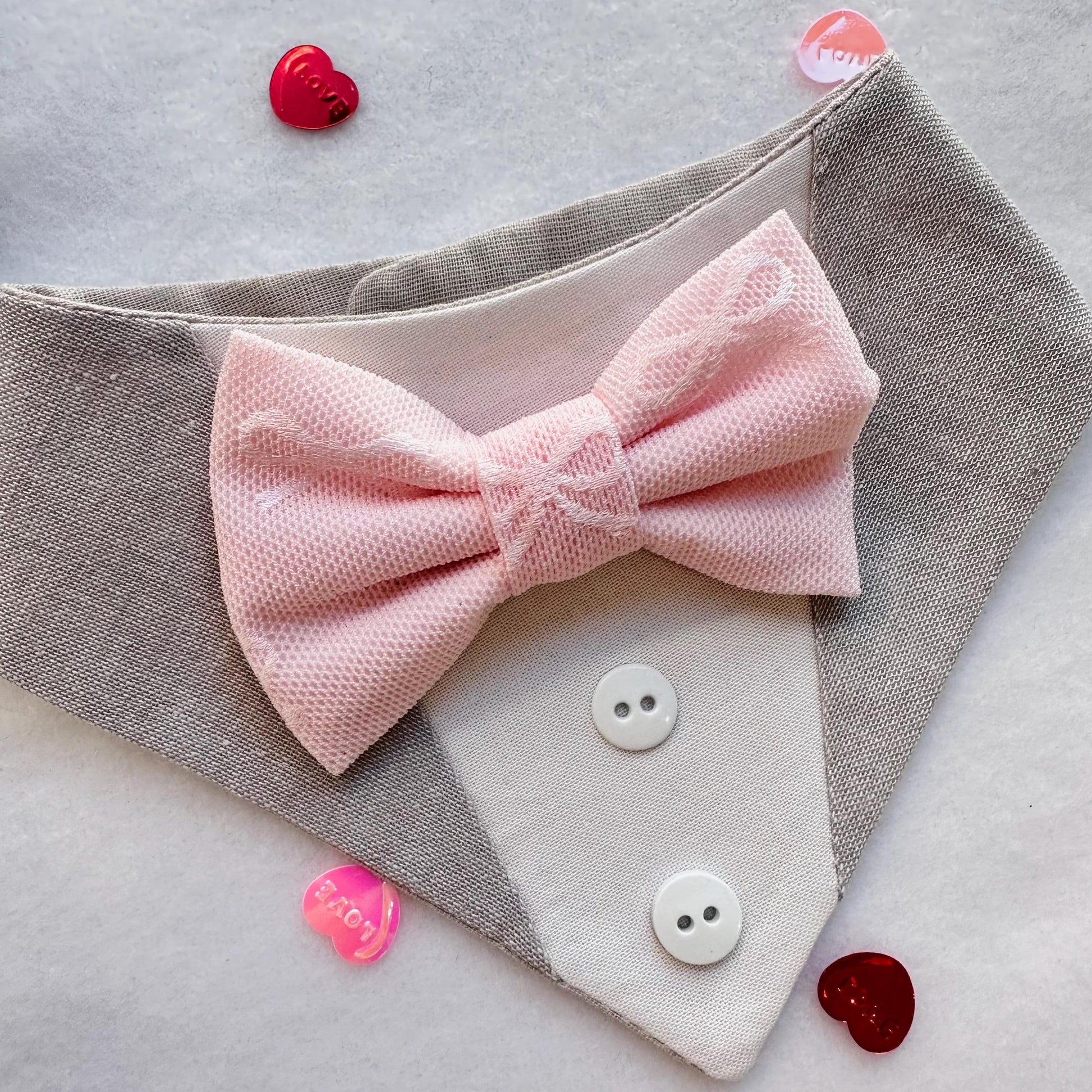 Pink and Gray Tuxedo dog bandana, Valentines Day bandana with bowtie, Dog bandana with Snaps Pet scarf gift, plaid dog scarf, Dog Bowtie,