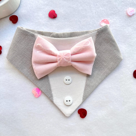 Pink and Gray Tuxedo dog bandana, Valentines Day bandana with bowtie, Dog bandana with Snaps Pet scarf gift, plaid dog scarf, Dog Bowtie,