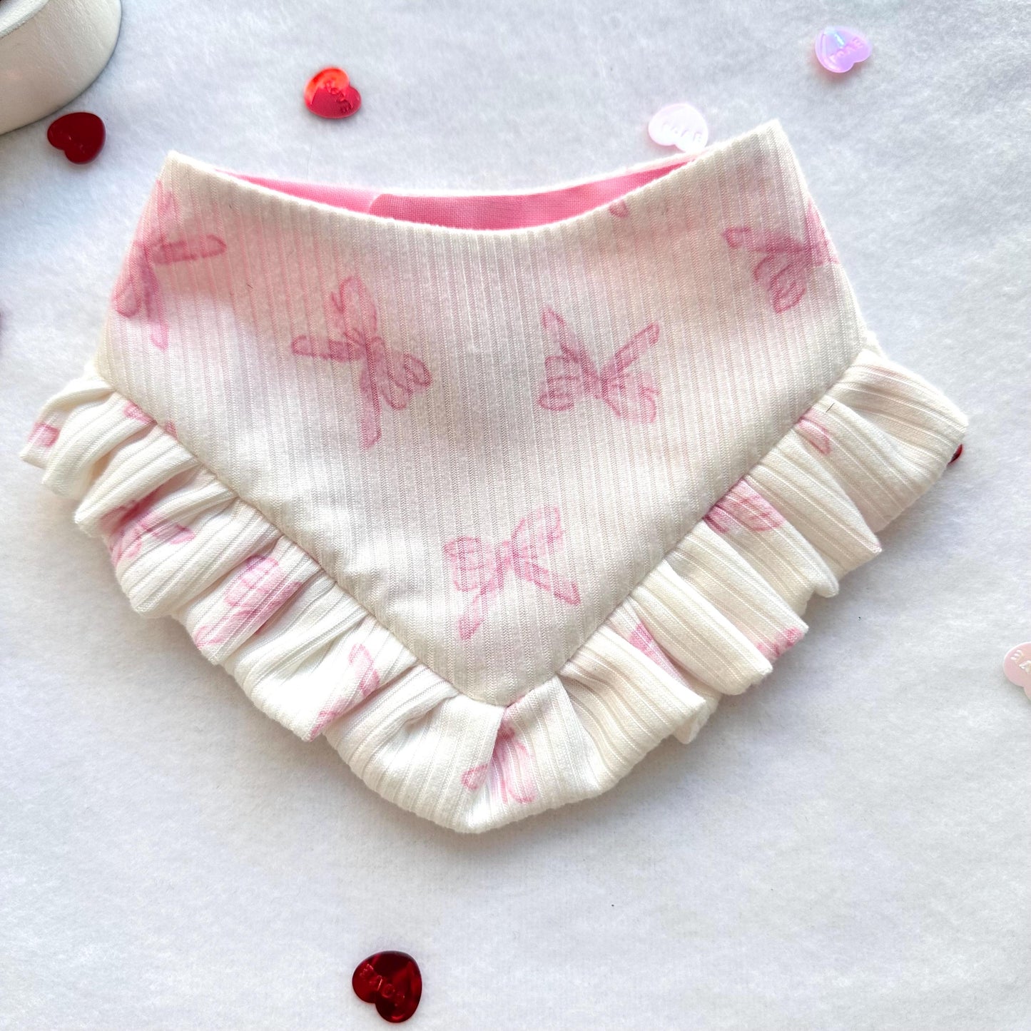 Coquette Cream Valentines Dog bandana with ruffles, Snap on Bandana, Bow and Bandana, XOXO dog accessories
