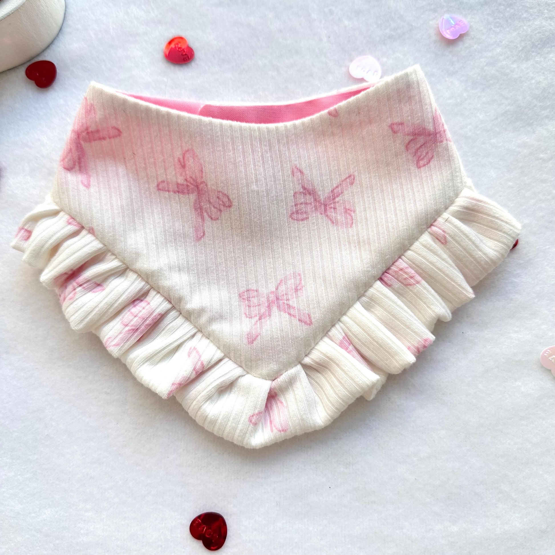 Coquette Cream Valentines Dog bandana with ruffles, Snap on Bandana, Bow and Bandana, XOXO dog accessories
