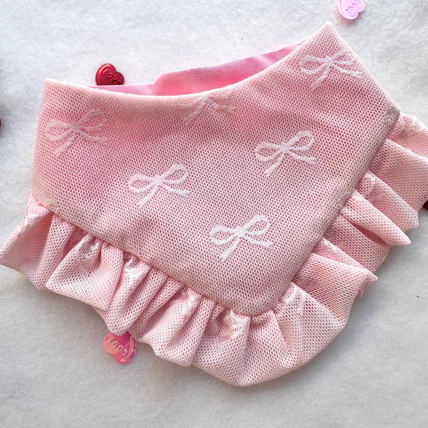 Pink Coquette Valentines Dog bandana with ruffles, Snap on Bandana, Bow and Bandana XOXO dog accessories
