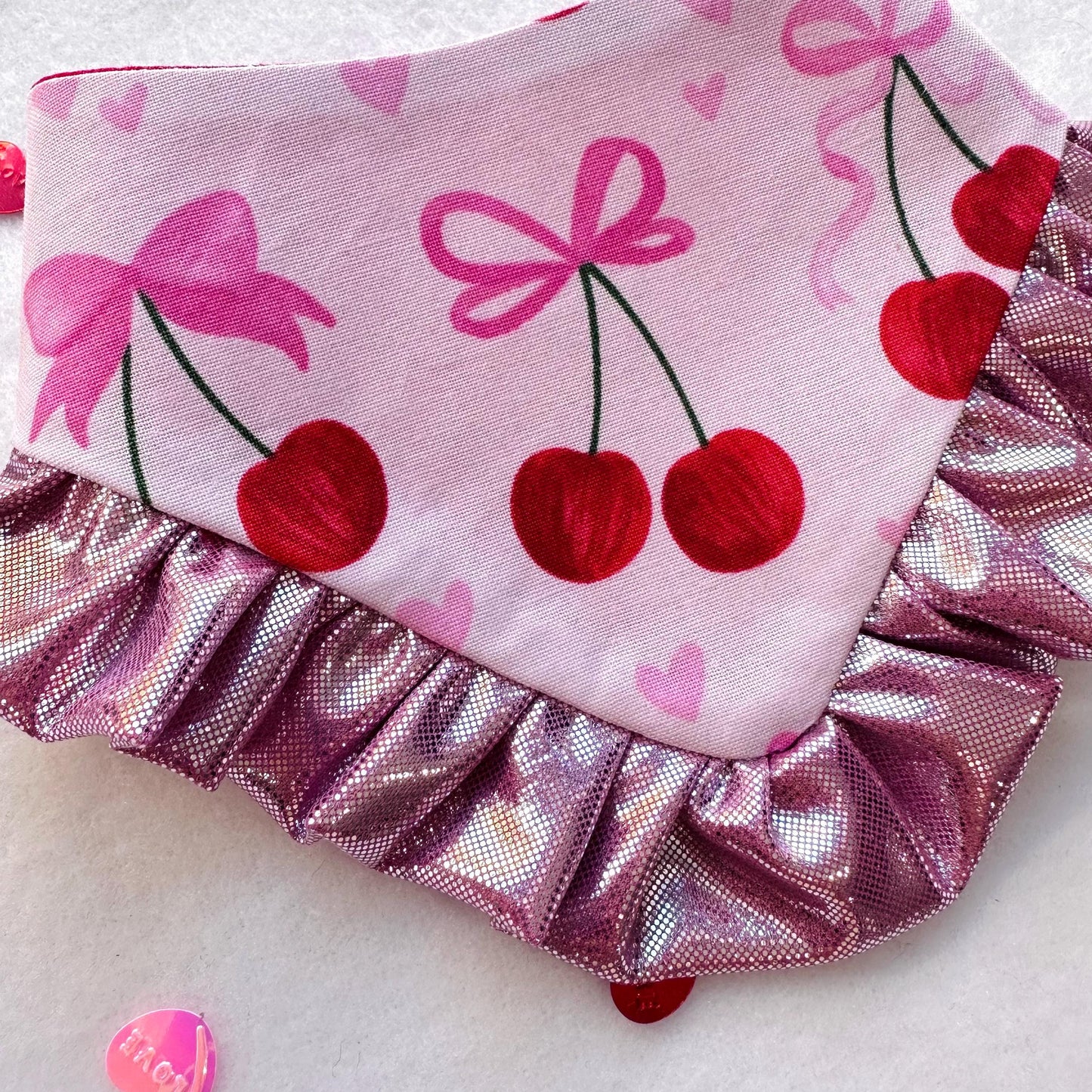 Cherry Coquette Valentines Dog bandana with ruffles, Snap on Bandana, Matching hair-bow, Bow and Bandana