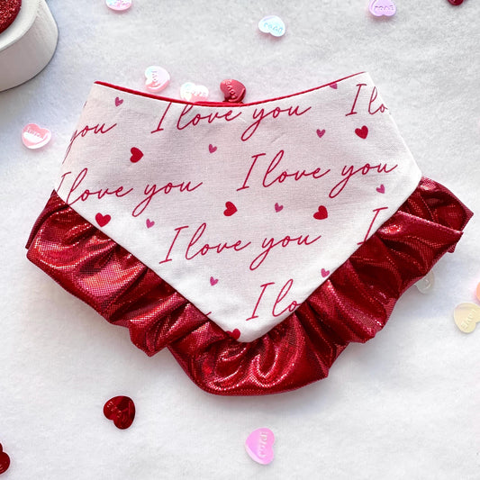 I love you Valentines Dog bandana with ruffles, Snap on Bandana, Bow and Bandana