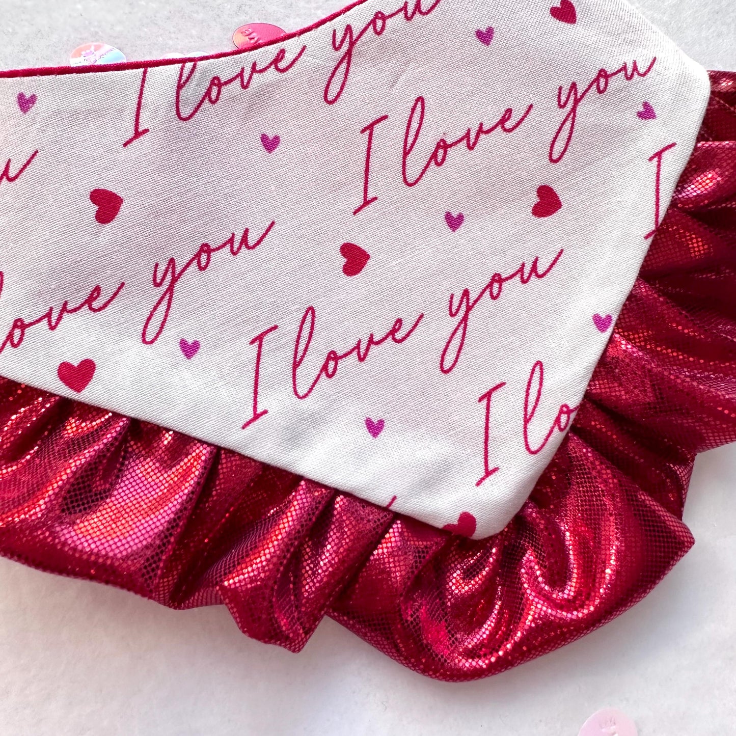 I love you Valentines Dog bandana with ruffles, Snap on Bandana, Bow and Bandana