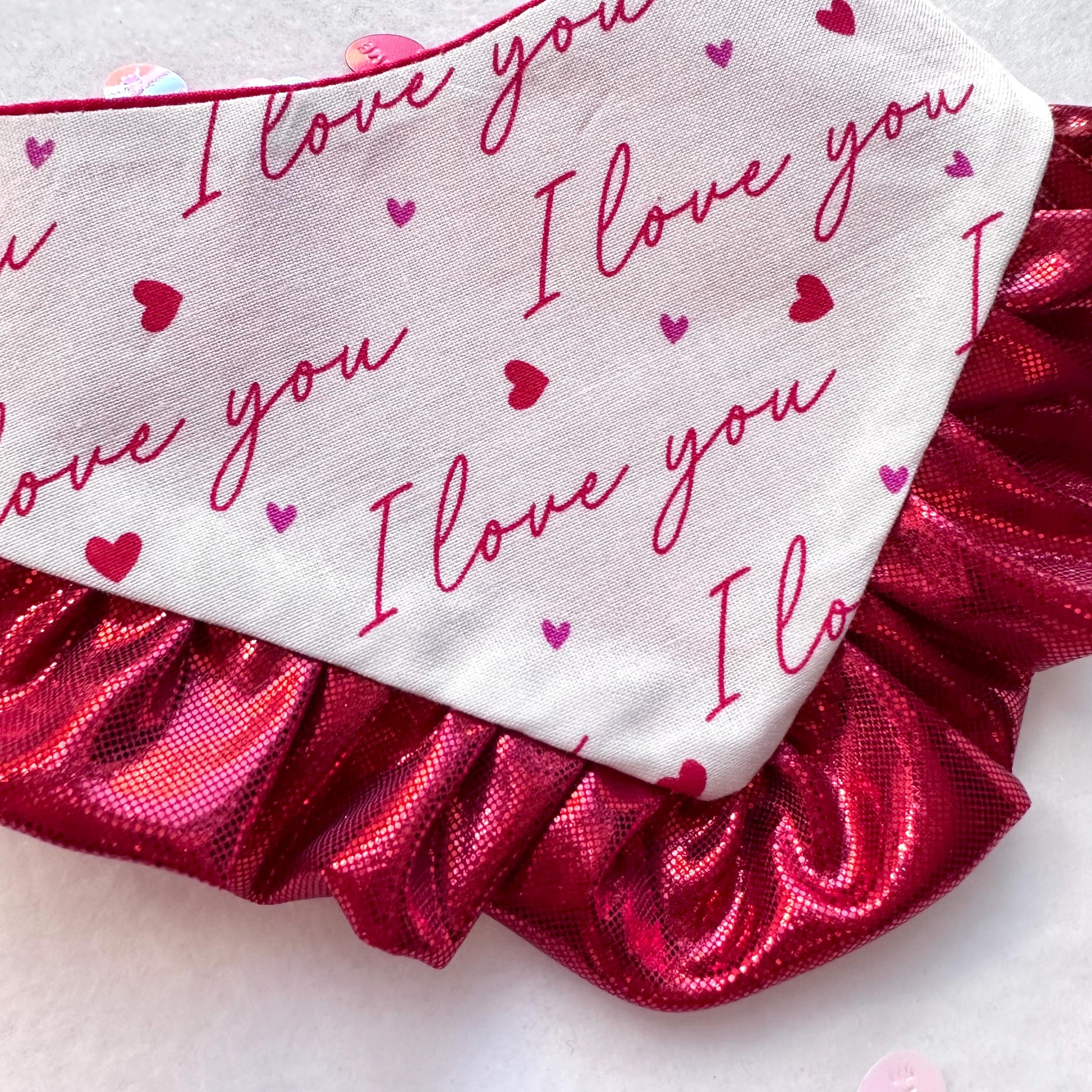 I love you Valentines Dog bandana with ruffles, Snap on Bandana, Bow and Bandana