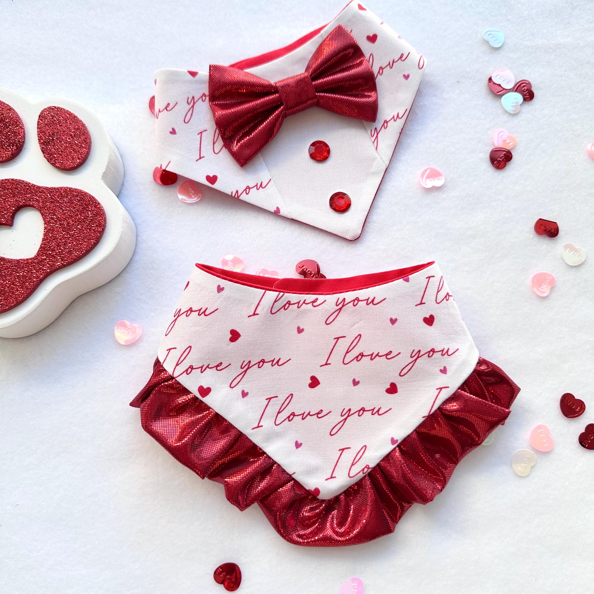 I love you Valentines Dog bandana with ruffles, Snap on Bandana, Bow and Bandana
