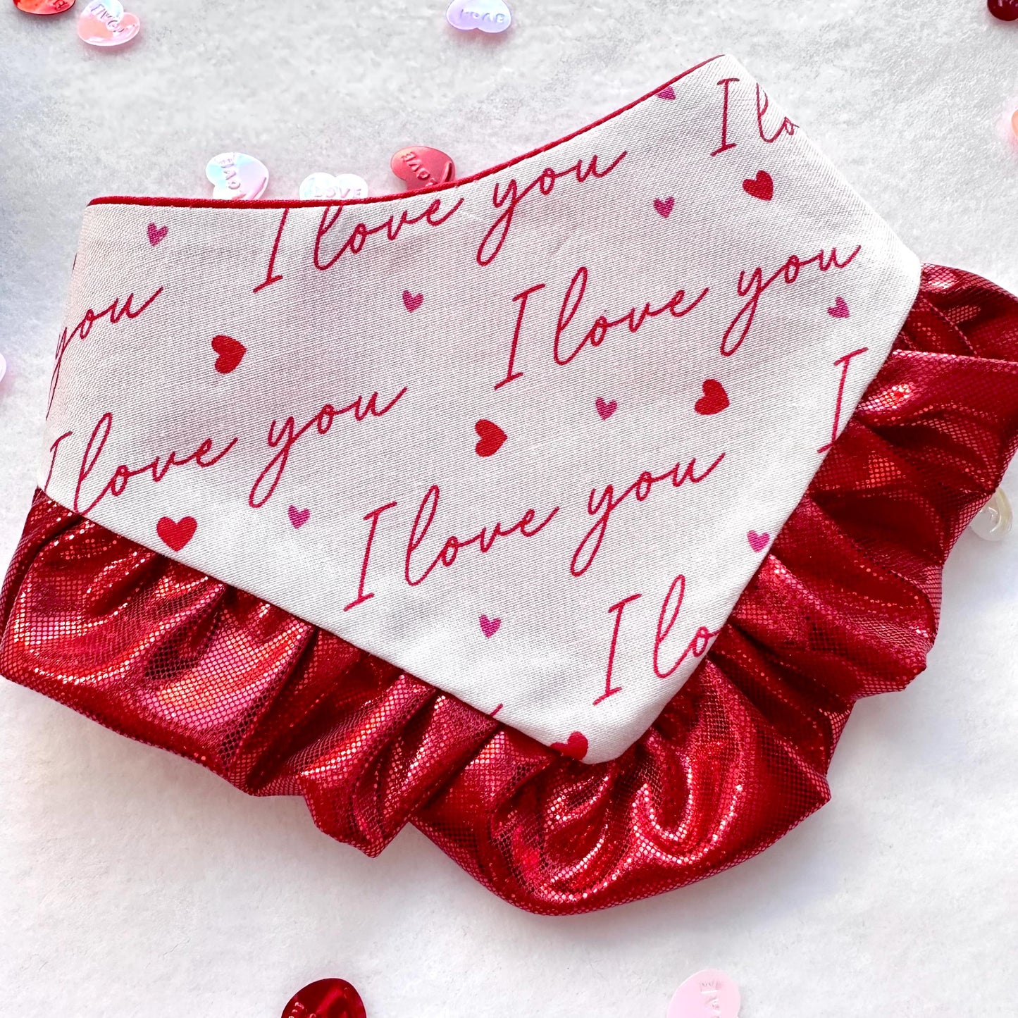 I love you Valentines Dog bandana with ruffles, Snap on Bandana, Bow and Bandana