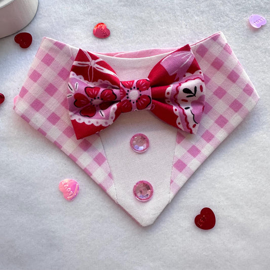 Pink Gingham hearts bow Tuxedo dog bandana, Valentines Day bandana with bowtie, Dog bandana with Snaps, Pet scarf gift