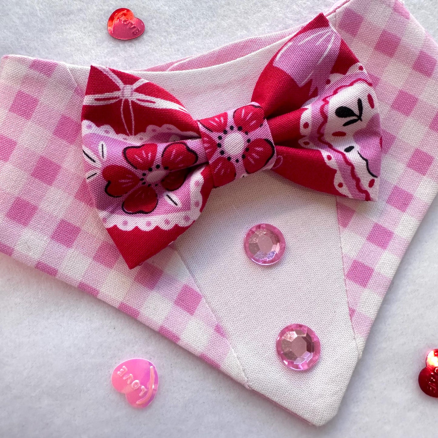 Pink Gingham hearts bow Tuxedo dog bandana, Valentines Day bandana with bowtie, Dog bandana with Snaps, Pet scarf gift