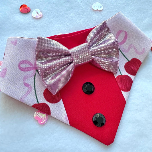Cherry Coquette Tuxedo dog bandana, Valentines Day bandana with bowtie, Dog bandana with Snaps, Pet scarf gift, plaid dog scarf, Dog Bowtie,