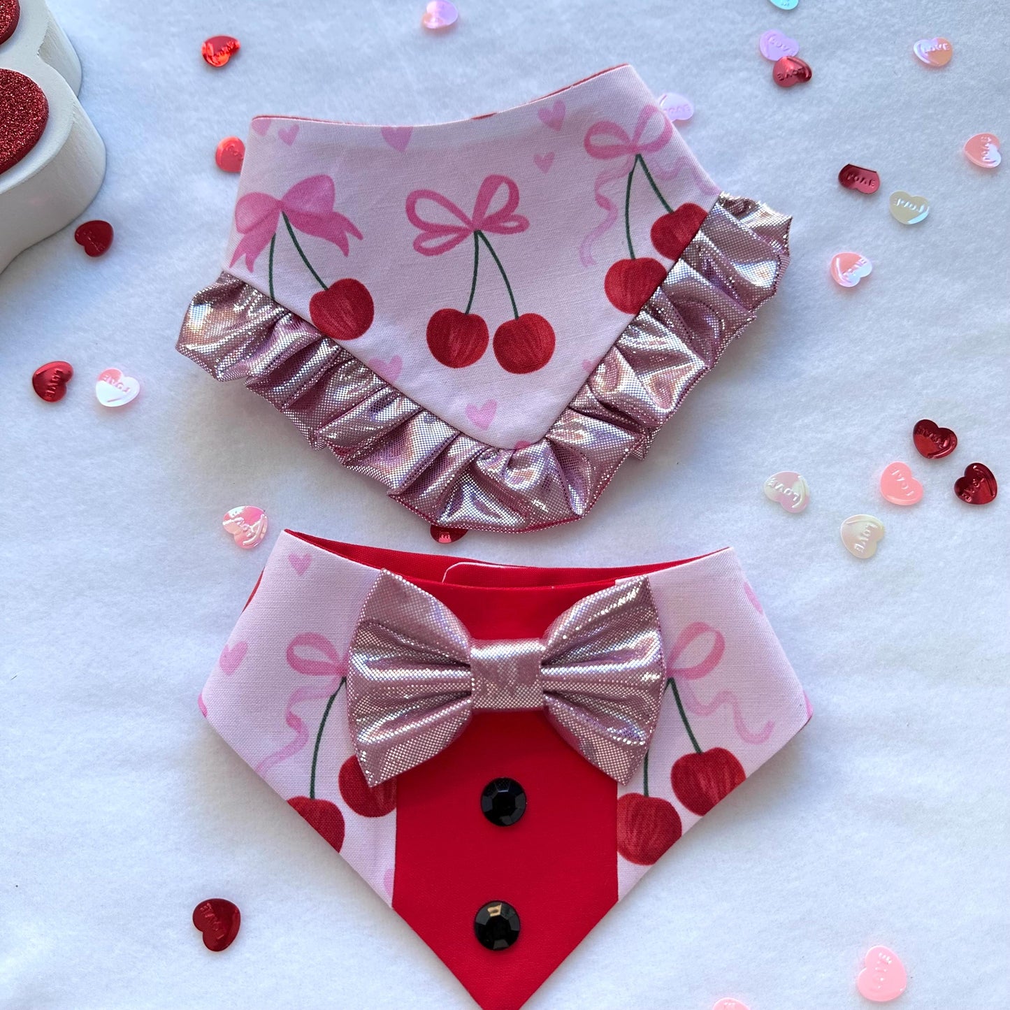 Cherry Coquette Tuxedo dog bandana, Valentines Day bandana with bowtie, Dog bandana with Snaps, Pet scarf gift, plaid dog scarf, Dog Bowtie,