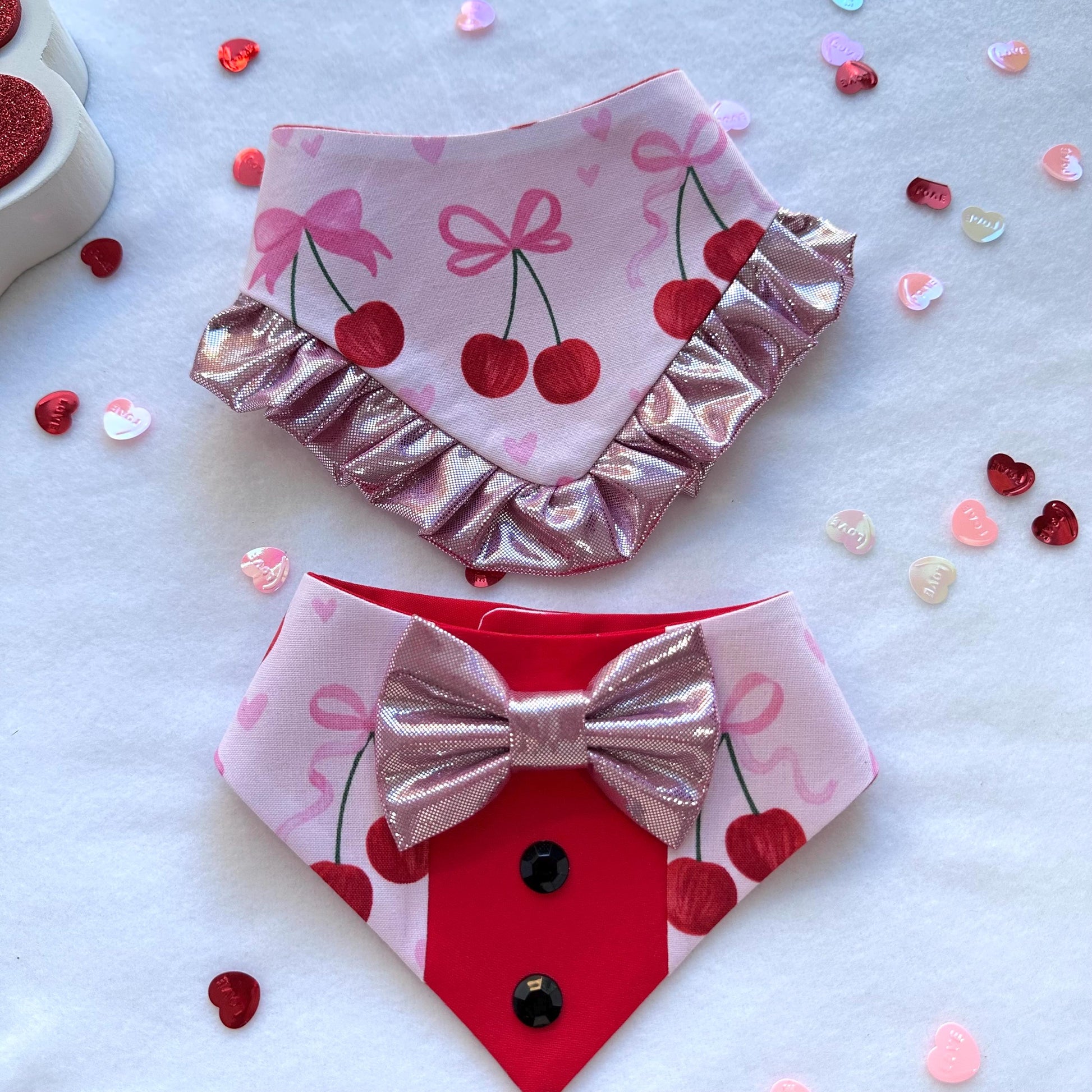 Cherry Coquette Tuxedo dog bandana, Valentines Day bandana with bowtie, Dog bandana with Snaps, Pet scarf gift, plaid dog scarf, Dog Bowtie,