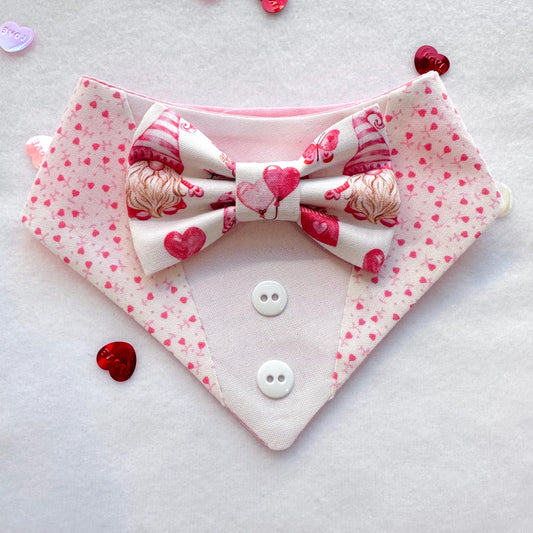 Pink Gnome Tuxedo dog bandana, Valentines Day bandana with bowtie, Dog bandana with Snaps, Pet scarf gift, plaid dog scarf, Dog Bowtie,