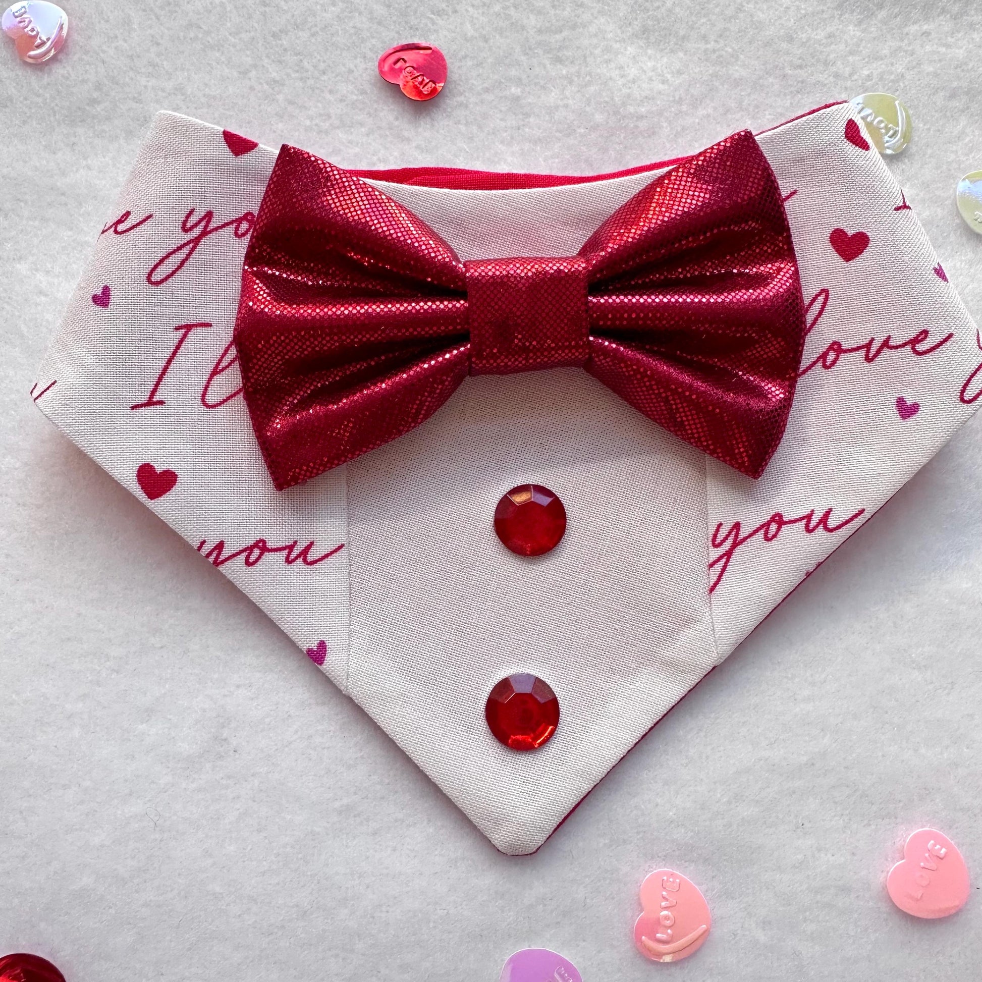 I love You Tuxedo dog bandana, Valentines Day bandana with bowtie, Dog bandana with Snaps, Pet scarf gift, plaid dog scarf, Dog Bowtie,
