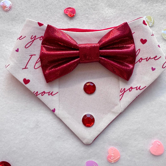 I love You Tuxedo dog bandana, Valentines Day bandana with bowtie, Dog bandana with Snaps, Pet scarf gift, plaid dog scarf, Dog Bowtie,