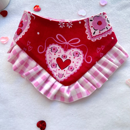 Patch Hearts Valentines Dog Bandana with Ruffles, Snap On, XOXO