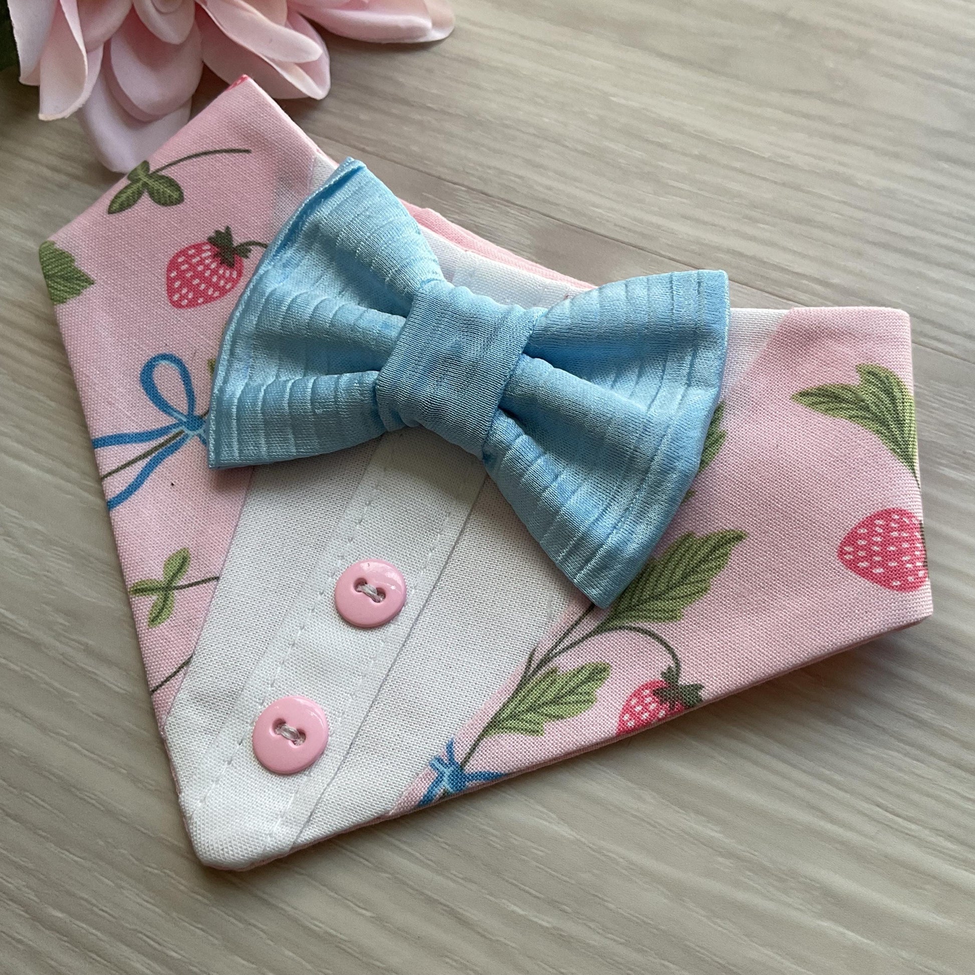 Spring Berries and Bow Dog Tuxedo Bandana, Fancy Small Dog Wedding Attire Bandana Tux for spring