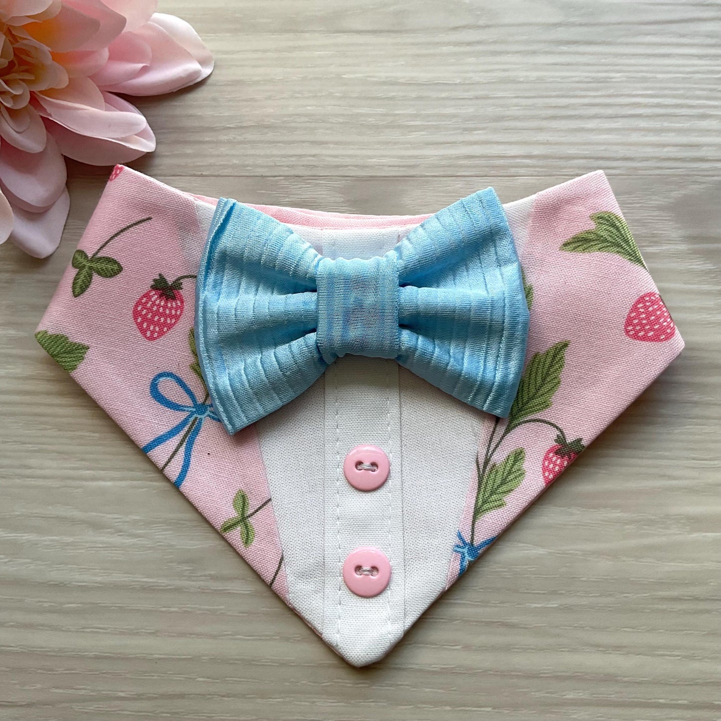 Spring Berries and Bow Dog Tuxedo Bandana, Fancy Small Dog Wedding Attire Bandana Tux for spring
