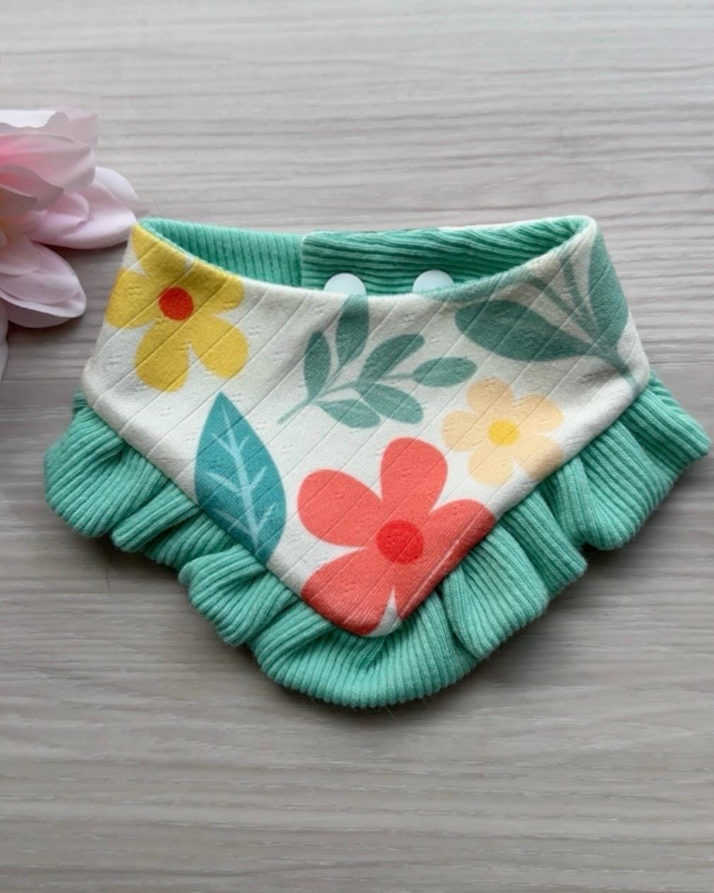 Teal Spring Floral Dog Bandana with Ruffle, Snap Closure