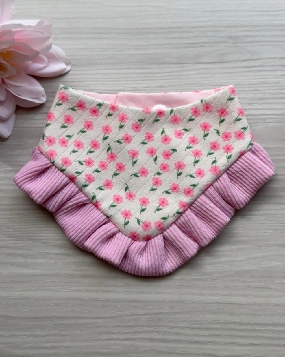 Spring Pink Floral Dog Bandana with Ruffle, Snap Closure
