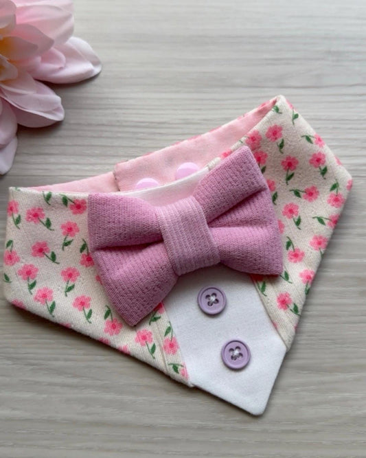 Spring Pink Floral Dog Tuxedo Bandana, Spring Bow Tie Collar