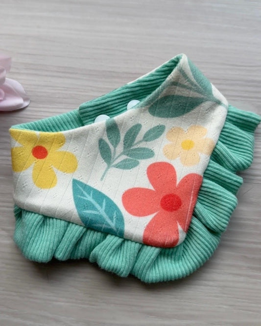 Teal Spring Floral Dog Bandana with Ruffle, Snap Closure