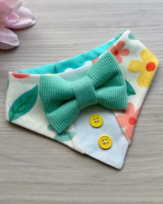 Teal Spring Floral Dog Tuxedo Bandana, Spring Bow Tie Collar