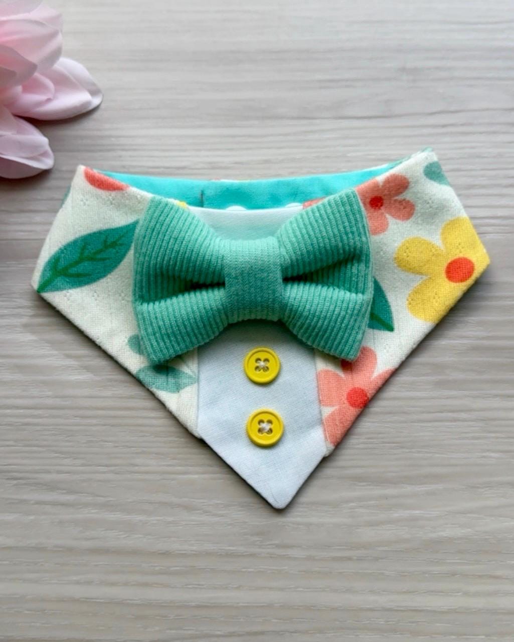 Teal Spring Floral Dog Tuxedo Bandana, Spring Bow Tie Collar