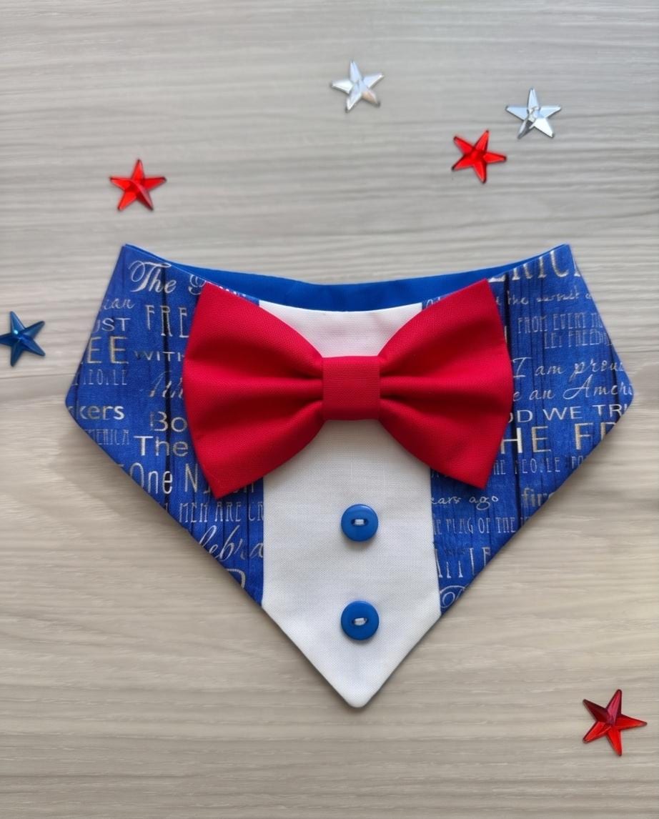 Patriotic Dog Tuxedo Bandana, 4th of July Pet Bandana, USA Red & Blue Dog Scarf, Independence Day Dog Gift, American Flag Dog Bandana