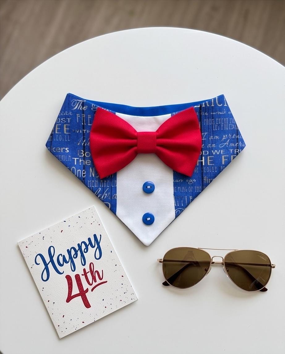 Patriotic Dog Tuxedo Bandana, 4th of July Pet Bandana, USA Red & Blue Dog Scarf, Independence Day Dog Gift, American Flag Dog Bandana