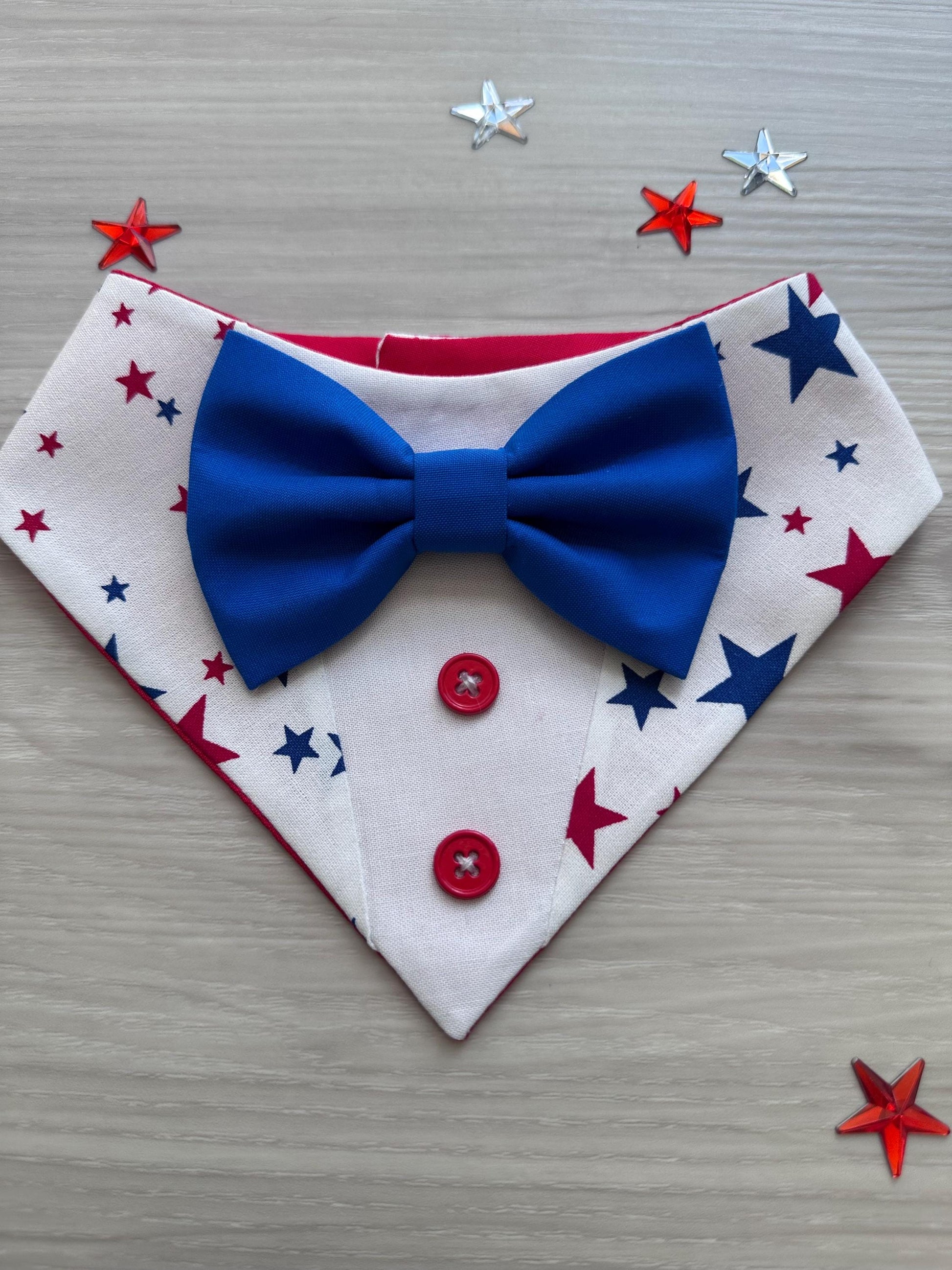 Patriotic Dog Tuxedo Bandana, 4th of July Pet Bandana, USA Stars Dog Scarf, Independence Day Dog Gift, American Flag Dog Bandana
