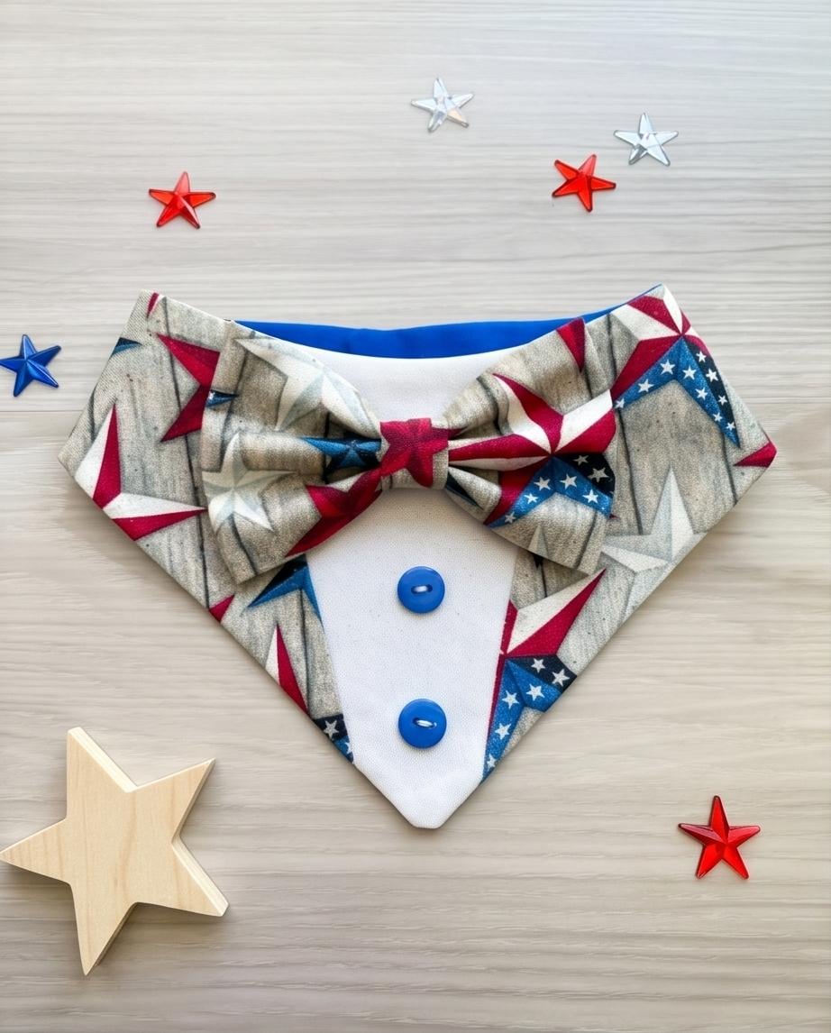 Patriotic Dog Tuxedo Bandana, 4th of July Pet Bandana, USA Star Flags Dog Scarf, Independence Day Dog Gift, American Flag Dog Bandana