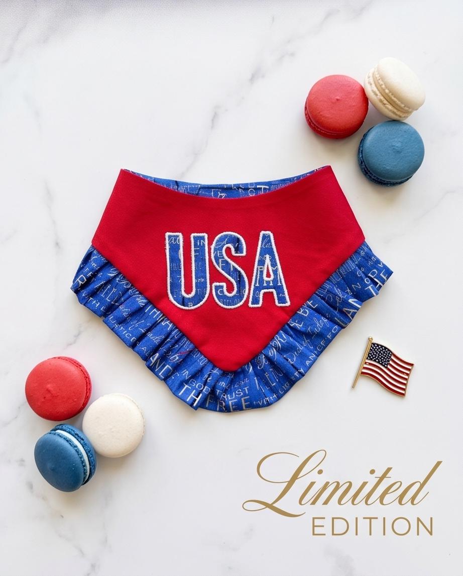 Patriotic Dog Bandana 4th of July, Red White Blue Star Bandana for Dogs, Embroidery USA, Fireworks Dogs scarf, bandana with ruffles,