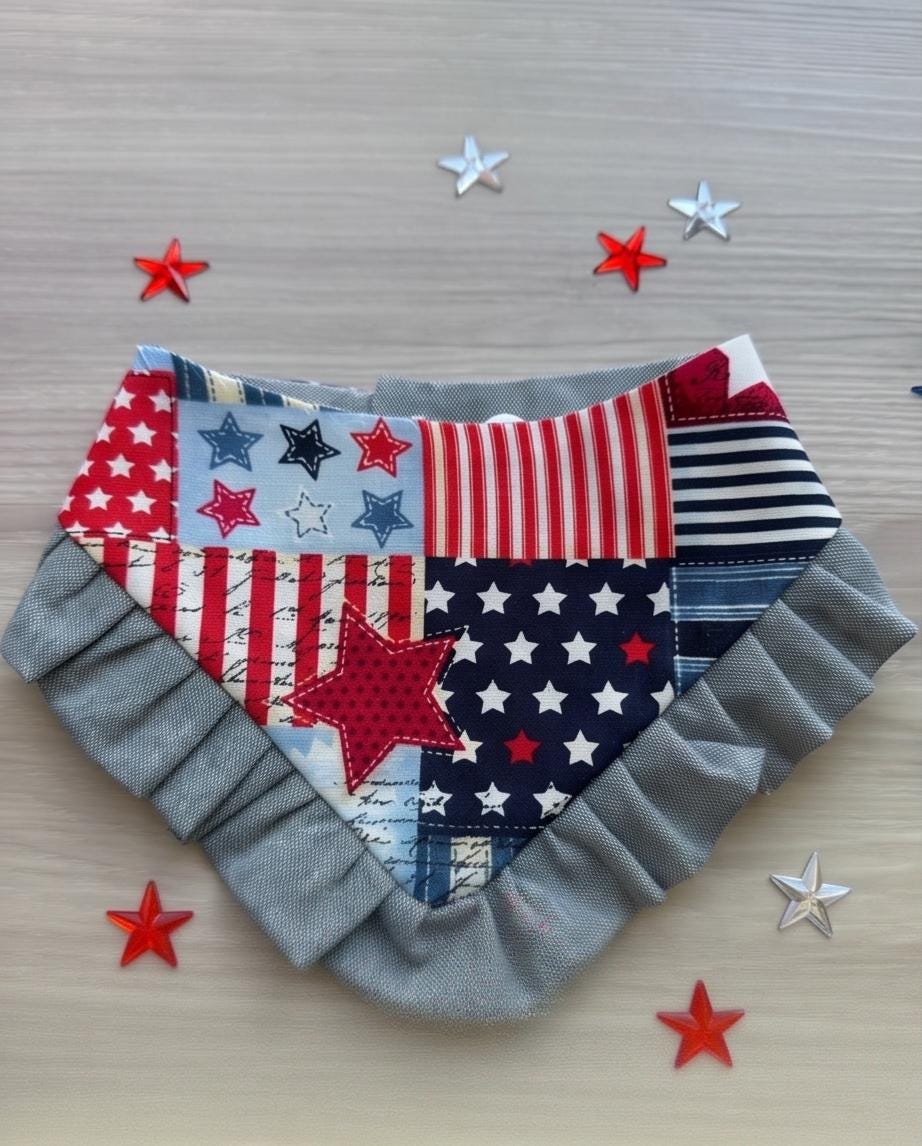Patriotic Dog Bandana 4th of July, Jean Red White Blue Star Bandana for Dogs, Summer Pet Scarf, Fireworks Dogs scarf, bandana with ruffles,