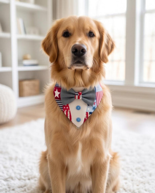 Patriotic Dog Tuxedo Bandana, 4th of July Pet Bandana, Patch USA Dog Scarf, Independence Day Dog Gift, American Flag Dog Bandana