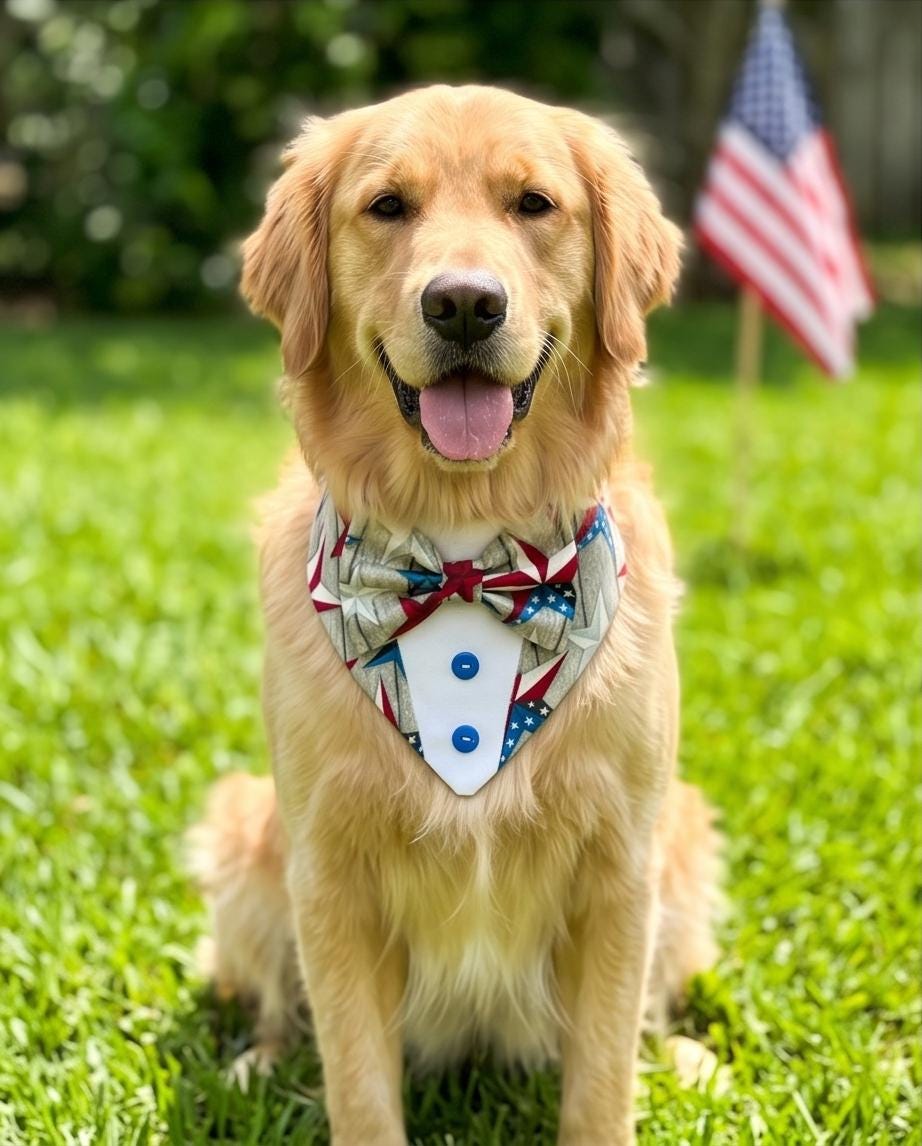 Patriotic Dog Tuxedo Bandana, 4th of July Pet Bandana, USA Star Flags Dog Scarf, Independence Day Dog Gift, American Flag Dog Bandana
