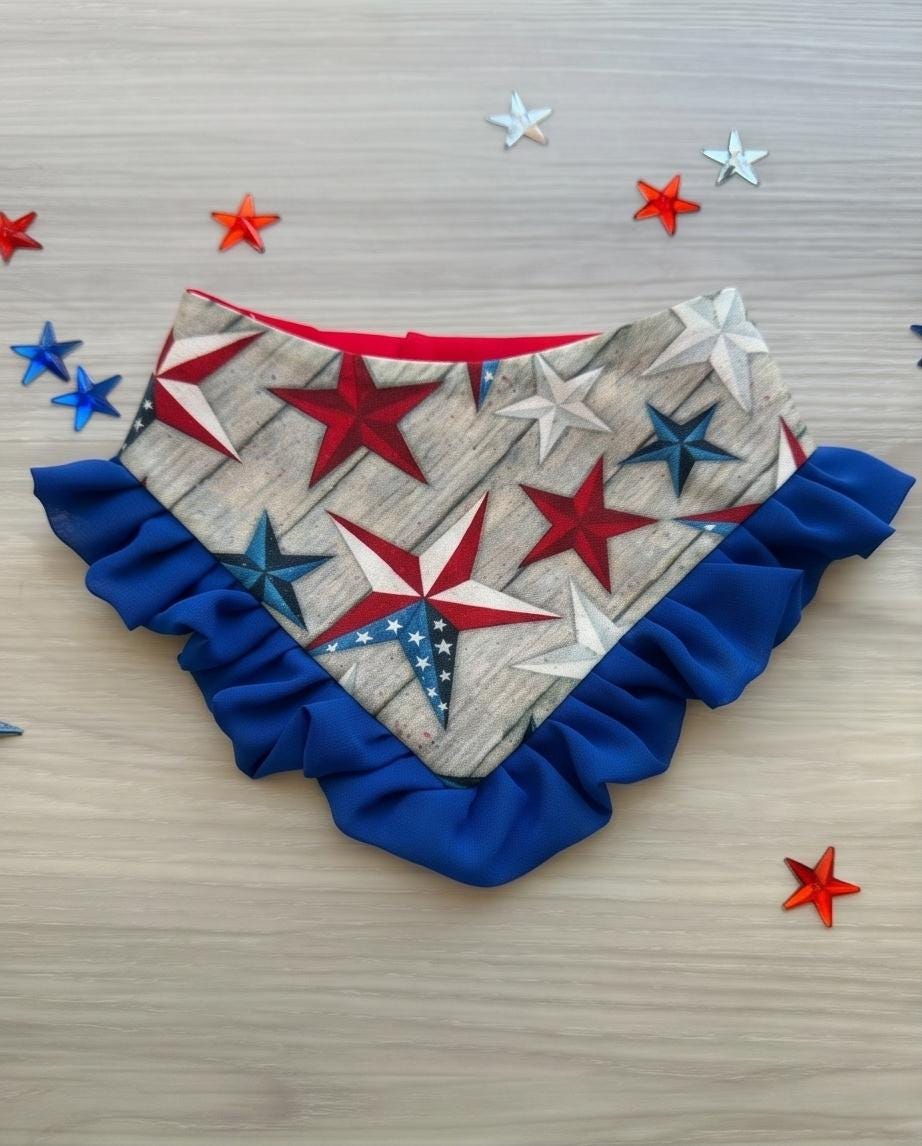 Patriotic Dog Bandana 4th of July, Flag Red White Blue Star Bandana for Dogs, Summer Pet Scarf, Fireworks Dogs scarf, bandana with ruffles,