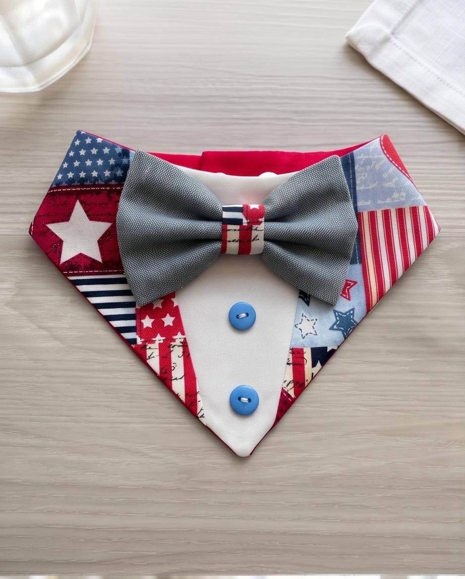 Patriotic Dog Tuxedo Bandana, 4th of July Pet Bandana, Patch USA Dog Scarf, Independence Day Dog Gift, American Flag Dog Bandana