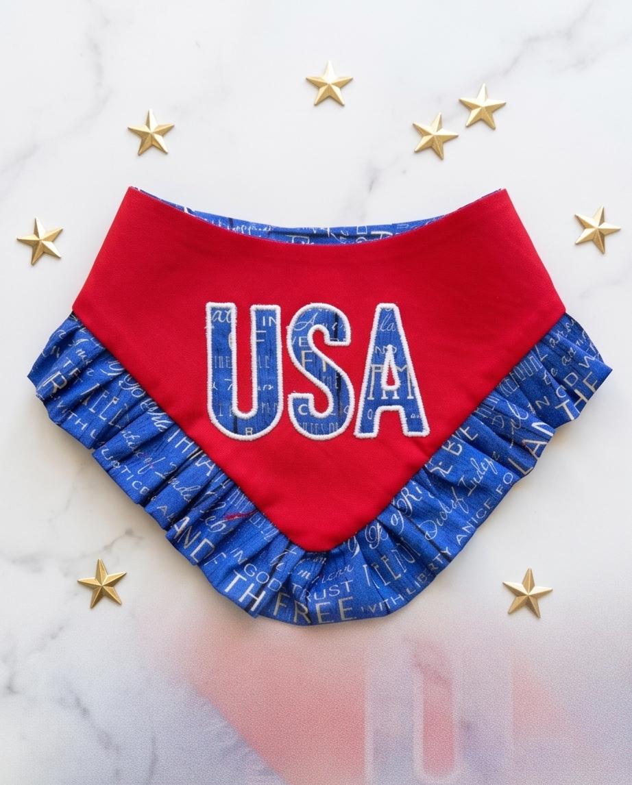 Patriotic Dog Bandana 4th of July, Red White Blue Star Bandana for Dogs, Embroidery USA, Fireworks Dogs scarf, bandana with ruffles,