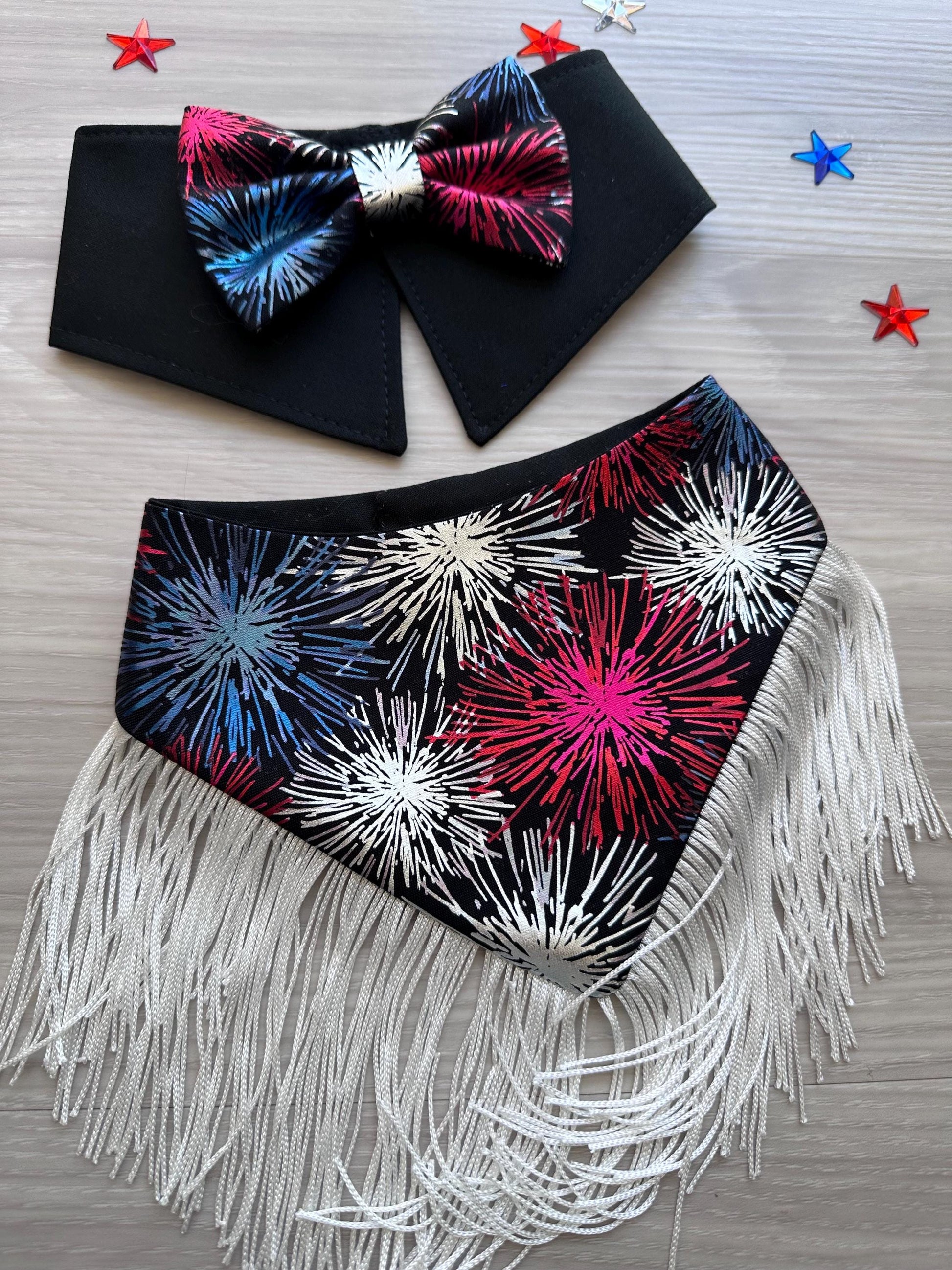 Patriotic Dog Bandana 4th of July, Firework Red White Blue Star Bandana for Dogs, Summer Pet Scarf, Fireworks Dogs scarf, bandana w/ruffles,