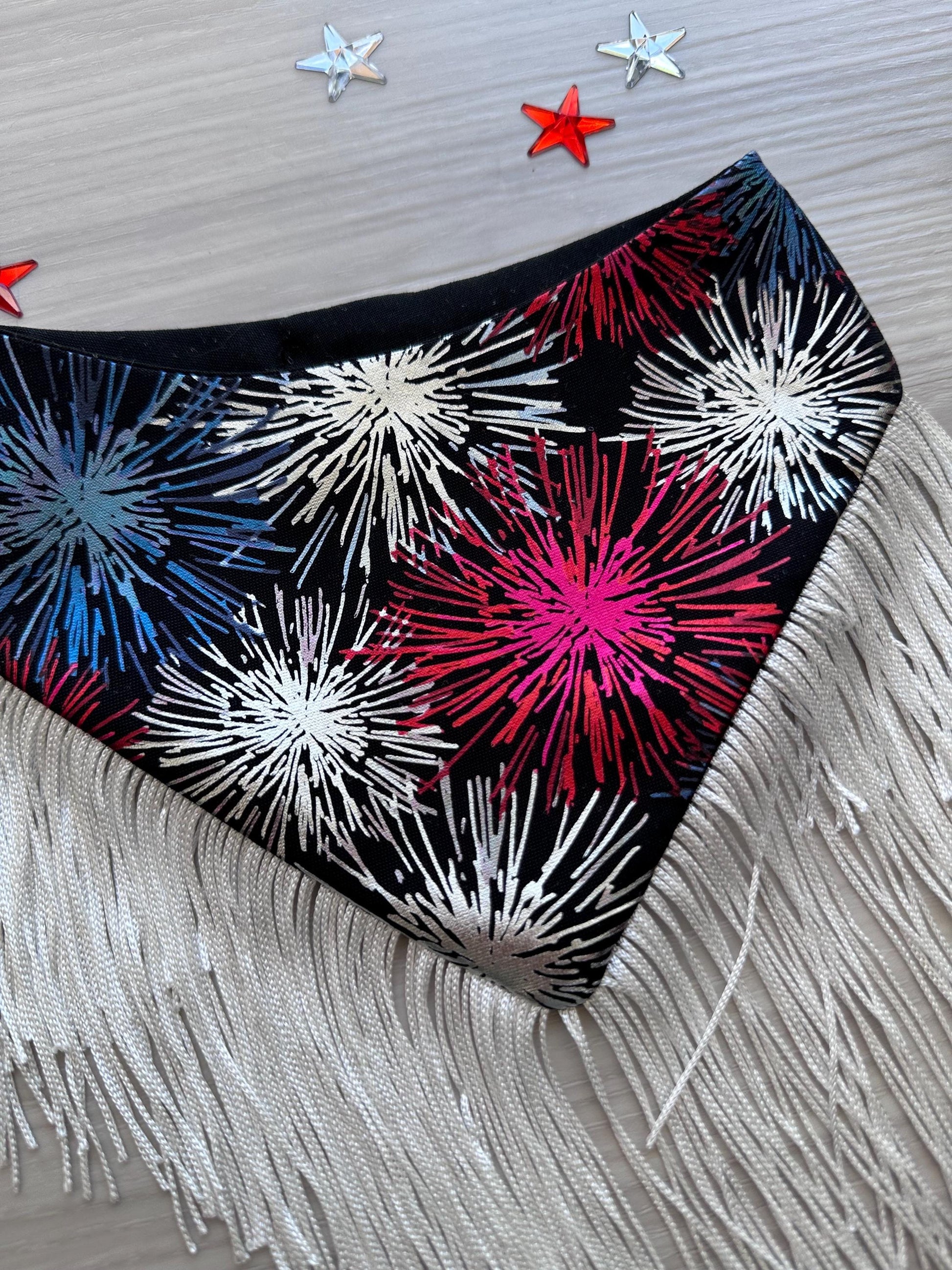 Patriotic Dog Bandana 4th of July, Firework Red White Blue Star Bandana for Dogs, Summer Pet Scarf, Fireworks Dogs scarf, bandana w/ruffles,