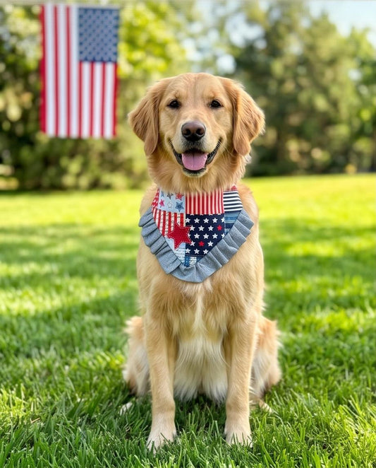 Patriotic Dog Bandana 4th of July, Jean Red White Blue Star Bandana for Dogs, Summer Pet Scarf, Fireworks Dogs scarf, bandana with ruffles,