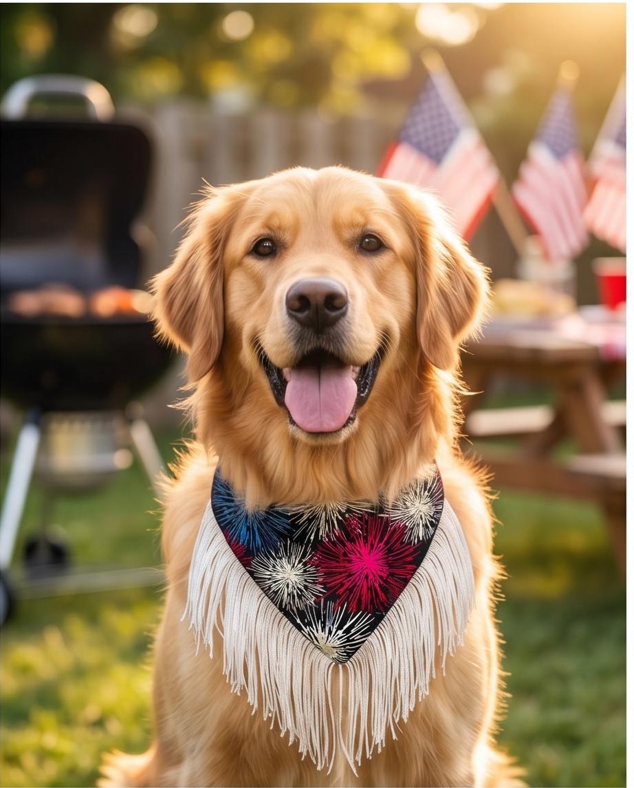 Patriotic Dog Bandana 4th of July, Firework Red White Blue Star Bandana for Dogs, Summer Pet Scarf, Fireworks Dogs scarf, bandana w/ruffles,