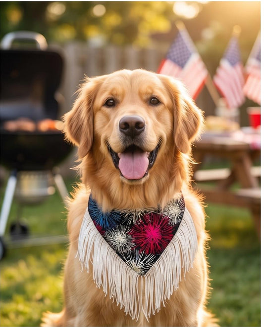 Patriotic Dog Bandana 4th of July, Firework Red White Blue Star Bandana for Dogs, Summer Pet Scarf, Fireworks Dogs scarf, bandana w/ruffles,