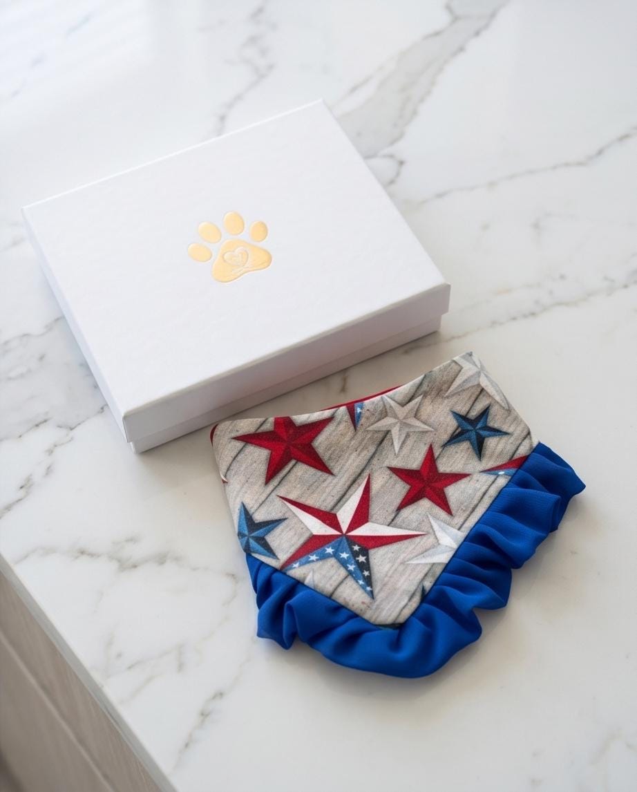 Patriotic Dog Bandana 4th of July, Flag Red White Blue Star Bandana for Dogs, Summer Pet Scarf, Fireworks Dogs scarf, bandana with ruffles,