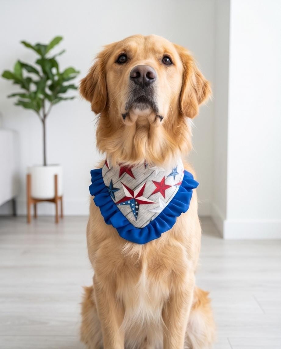 Patriotic Dog Bandana 4th of July, Flag Red White Blue Star Bandana for Dogs, Summer Pet Scarf, Fireworks Dogs scarf, bandana with ruffles,