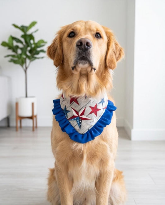 Patriotic Dog Bandana 4th of July, Flag Red White Blue Star Bandana for Dogs, Summer Pet Scarf, Fireworks Dogs scarf, bandana with ruffles,