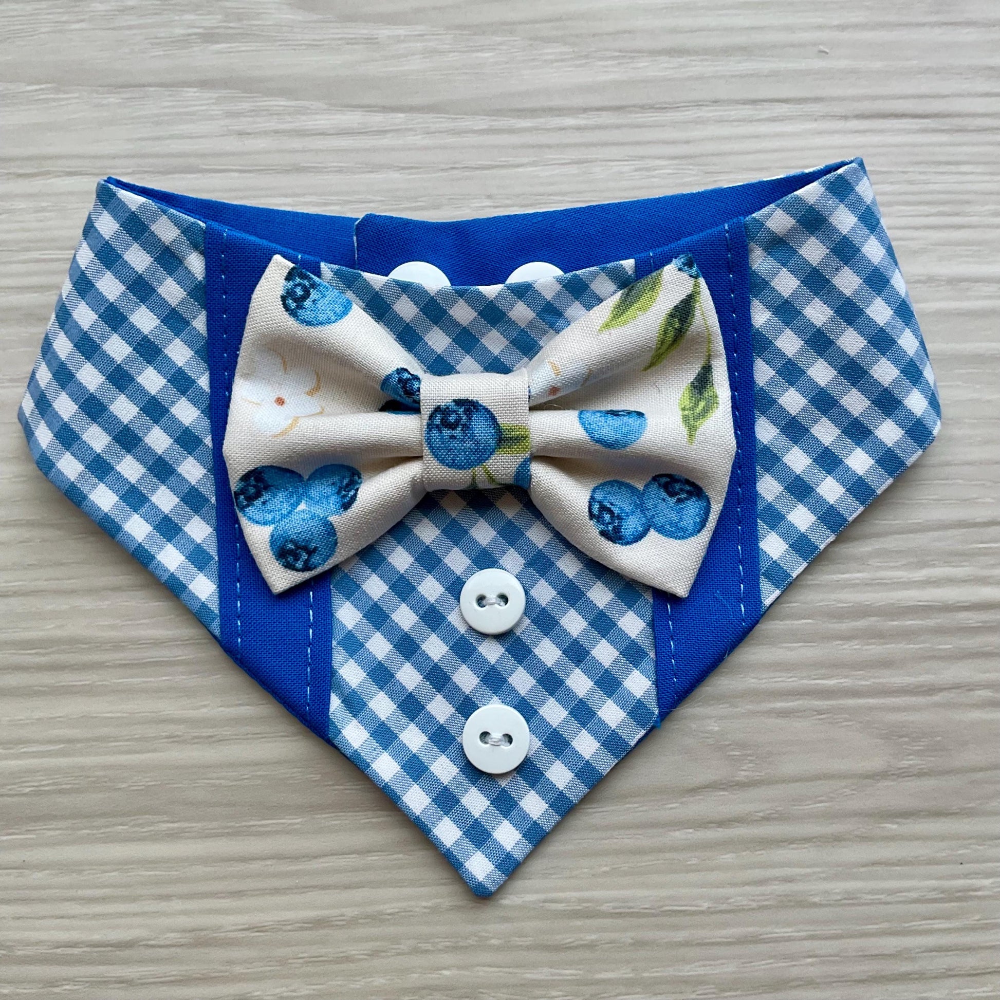 Blueberry Dog Bandana Tuxedo with Bowtie, Blue gingham Summer Formal Wear, Boys dogs cute summer outfit,