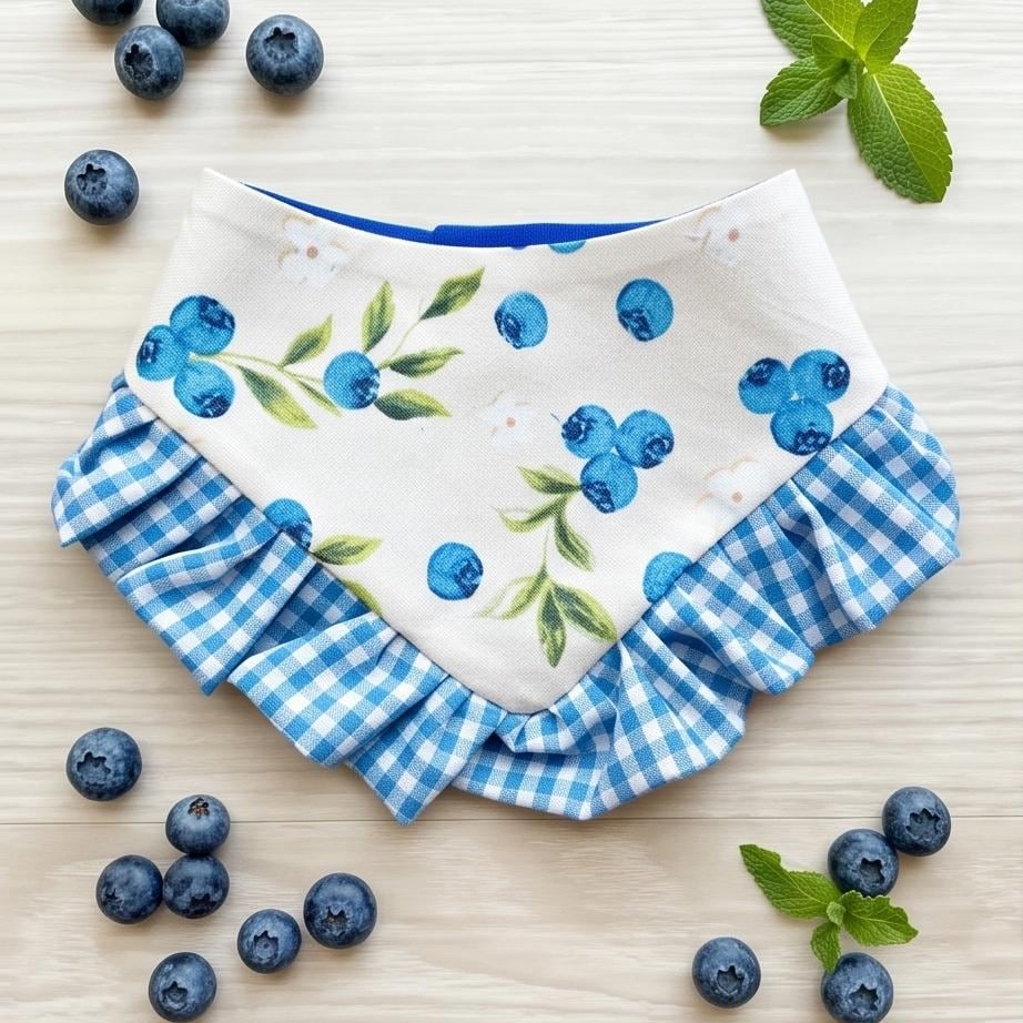 Blueberry Dog Bandana with Gingham Ruffles, Summer Berries pet scarf, perfect gift for summer for dogs, Girly bandanas and cats
