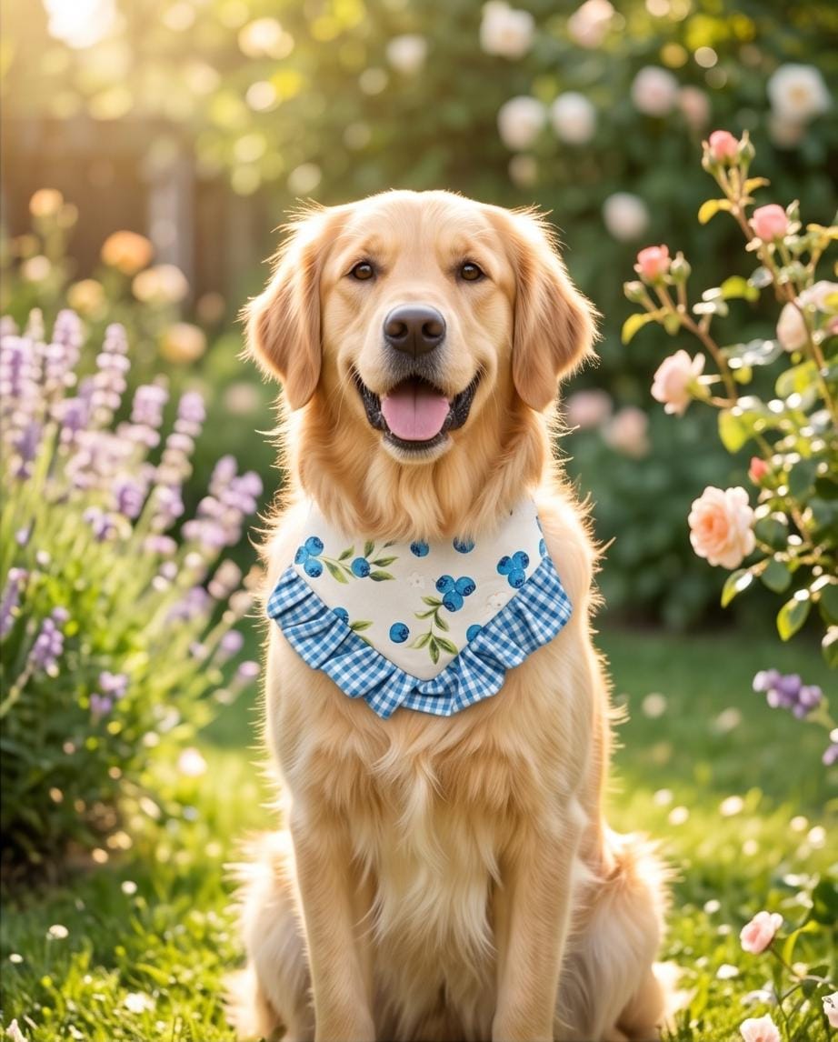 Blueberry Dog Bandana with Gingham Ruffles, Summer Berries pet scarf, perfect gift for summer for dogs, Girly bandanas and cats